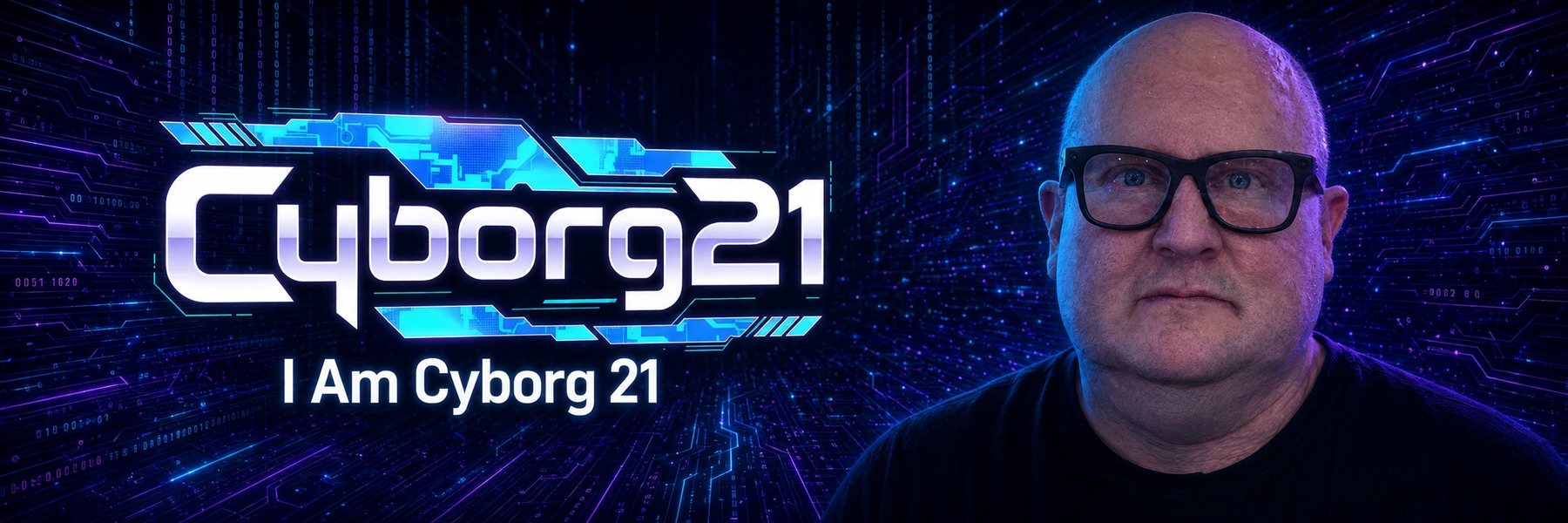 Kenneth Shock beside the Cyborg21 wordmark and the line I Am Cyborg 21, on a navy circuit background.