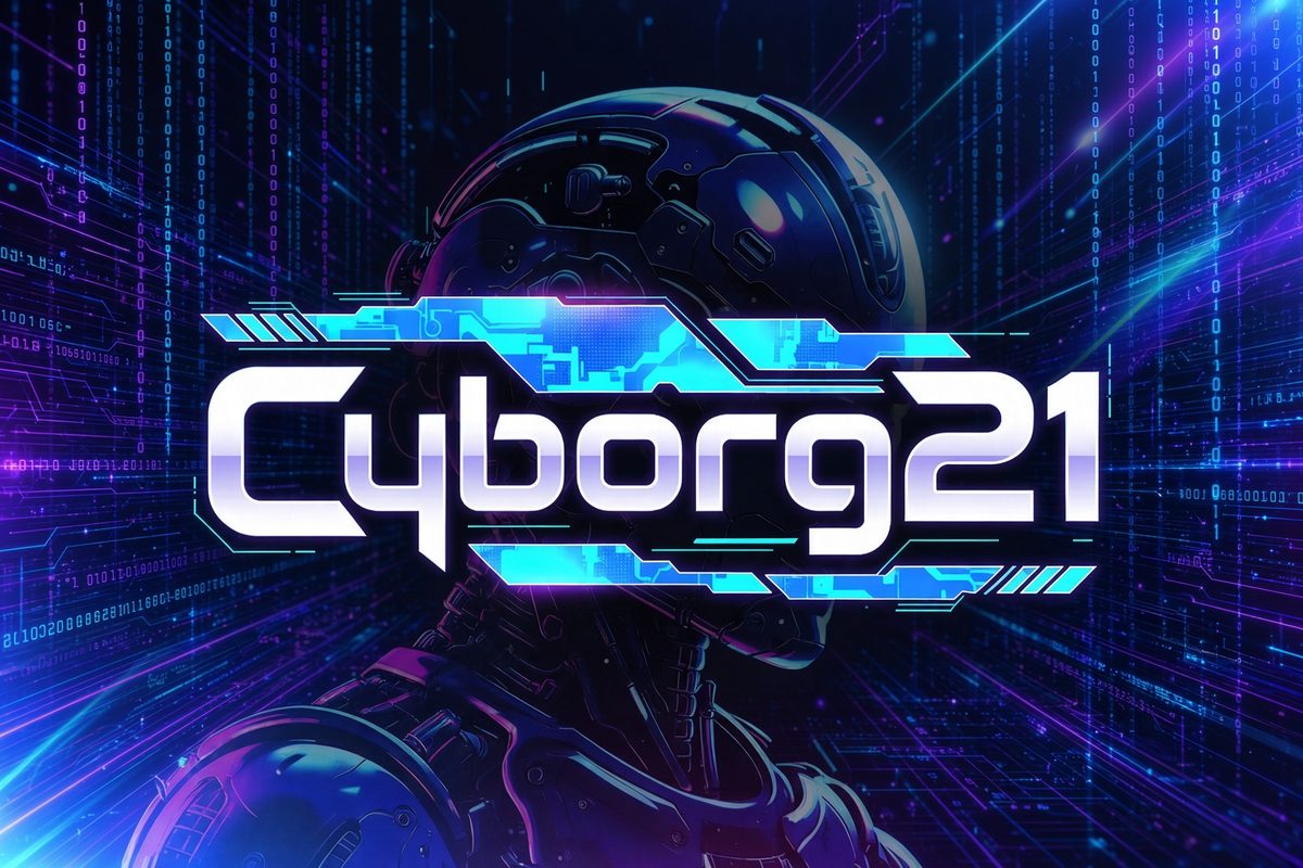 Cyborg21 wordmark across a cyborg helmet, on a navy circuit background.